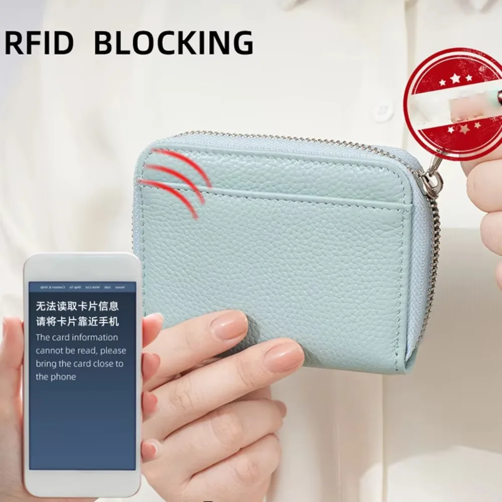 Tarjetero con bloqueo RFID para mujer, tarjetero de lujo con bolsillo con cremallera, billetera corta de cuero genuino de Color sólido para mujer