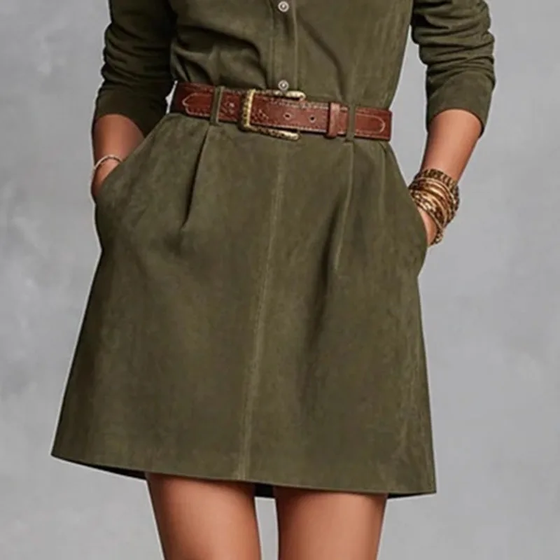 الرجعية الأزهار طباعة تقليد الجلد المدبوغ فستان قصير امرأة أنيقة التلبيب الرقبة زر قميص فستان الخريف طويلة الأكمام وشاحات جيب فستان