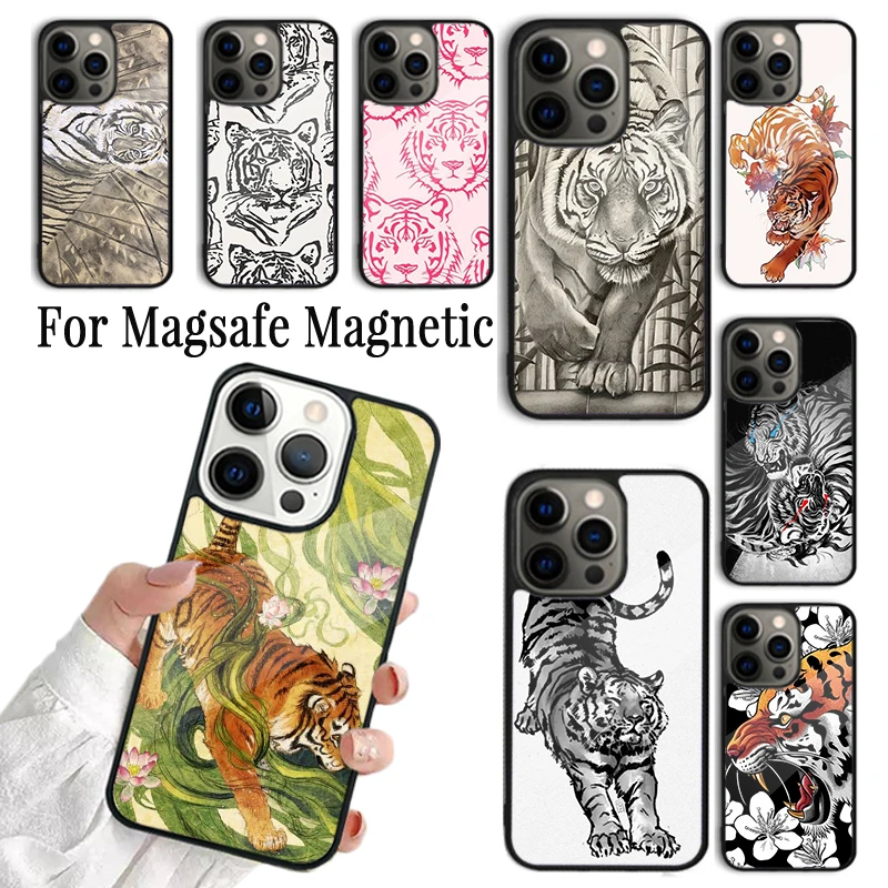 

Чехол для iPhone 16 15 14 13 12 Mini 11 Pro Max Plus Magsafe, магнитный чехол с беспроводной зарядкой, рисунок тигра скетчей