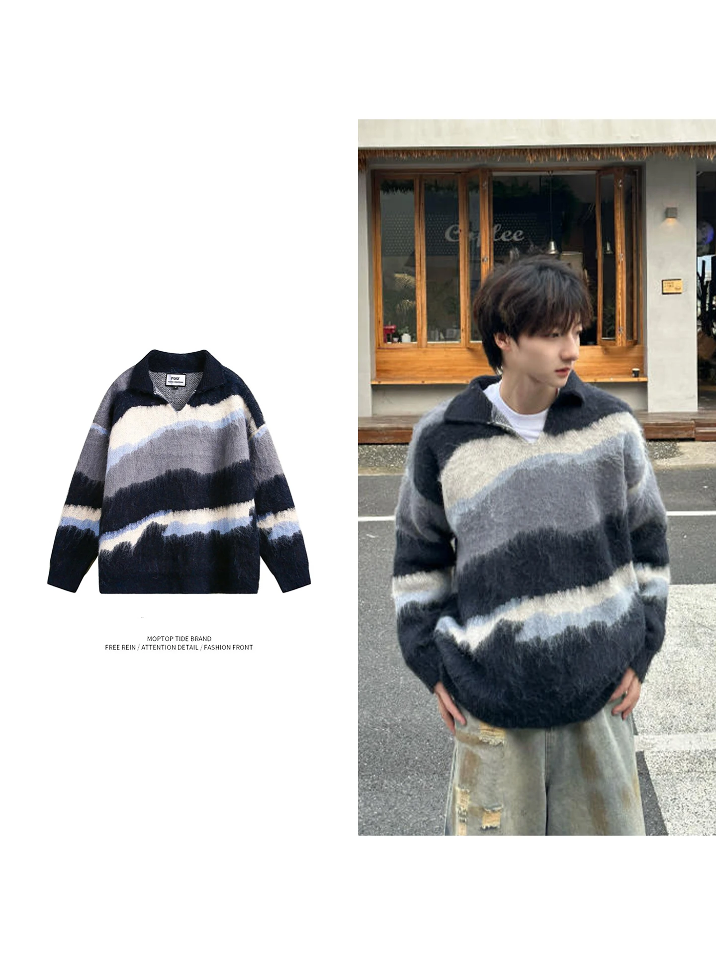 

Мужской свитер в американском ретро-стиле с полосками, воротником из искусственного меха, осенне-зимний, новый, мягкий, из полиэфирного волокна, в стиле lazy fashion