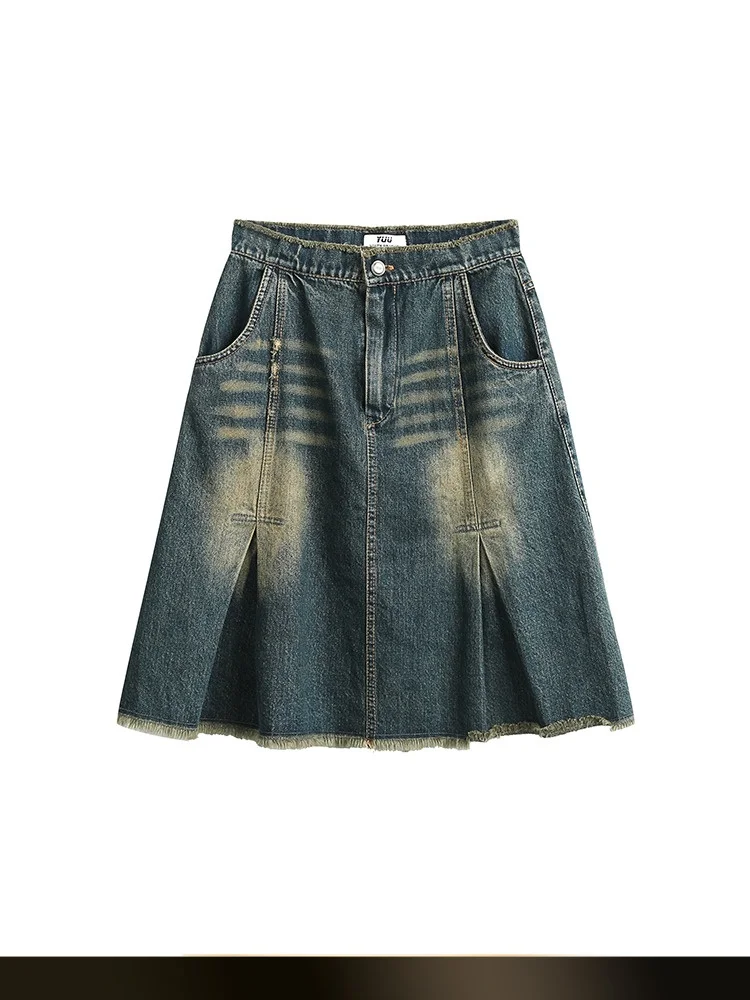 

Waed Vintage American Denim High Waist Slim Fit A-Line Skirt Versatile Mid-Length Cotton Blend Summer New Sle f Body S...