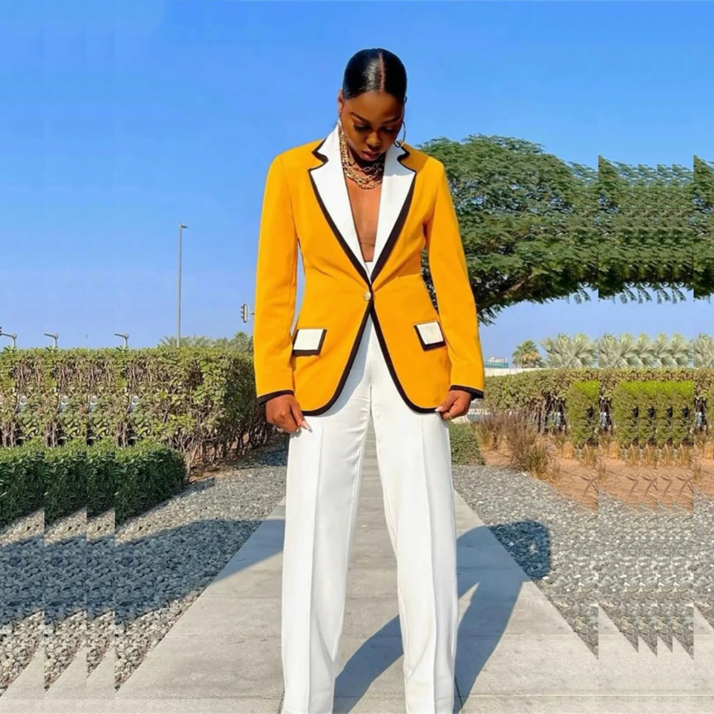 

Customized Patchwork two Pieces Suit Set for Women Notch Lapel Jacket Wide Leg Pant Set Slim Fit Office Banquet Female Clothing