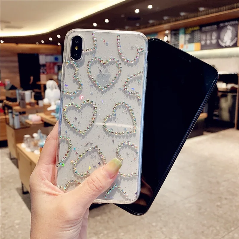 Epoxy Handa Glitter Love Heart Rhinestone Phone Case For iPhone12 13 14 15pro 13promax X XS XR Max 7 8 Plus