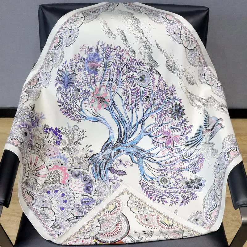 High-end Elegant Women Fine Colorful Life Tree Double Sided Print Quality 18MM Twill Silk Hand-rolled Edge Square Scarf Shawl