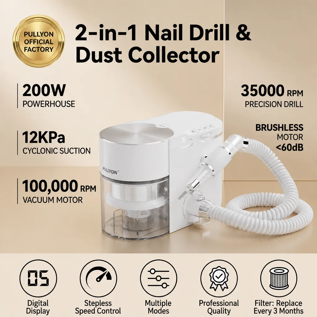 200W  Brushless 2-in-1 Nail Drill Vacuum 35000RPM Manicure Station Dust Collector Factory Wholesale 2026 PULLYON