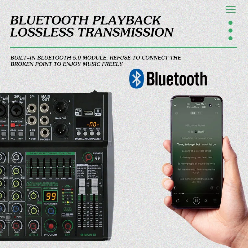 AK8 خلاط احترافي مع مدمج 99DSP 7-Band Equalizer ، BT ، كمبيوتر ، MP3 ، تسجيل داخلي ، خلاط ، 4 ، 6 ، 8 قنوات