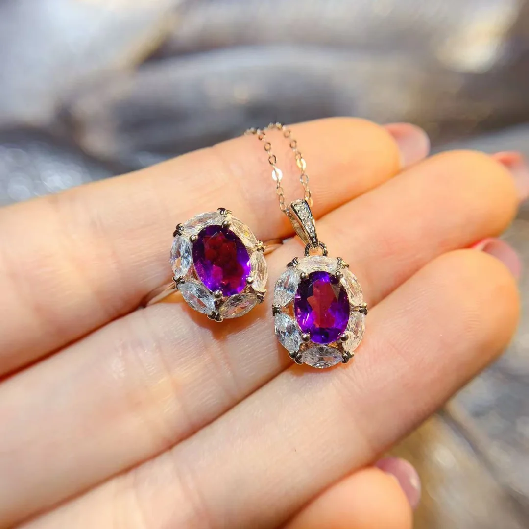 Natural Amethyst Set 6*8mm S925 Silver Design Version Smooth Surface Pure Purple Gem Neat Cutting Elegant Appearance