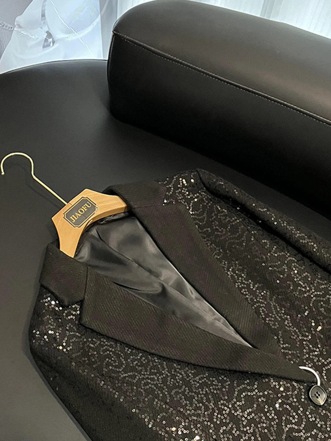 Ele Bla Sequin Long Sve Commute Sle Profional Outerwear Women's Suiting Jaet Stand Fit Commuter Faion