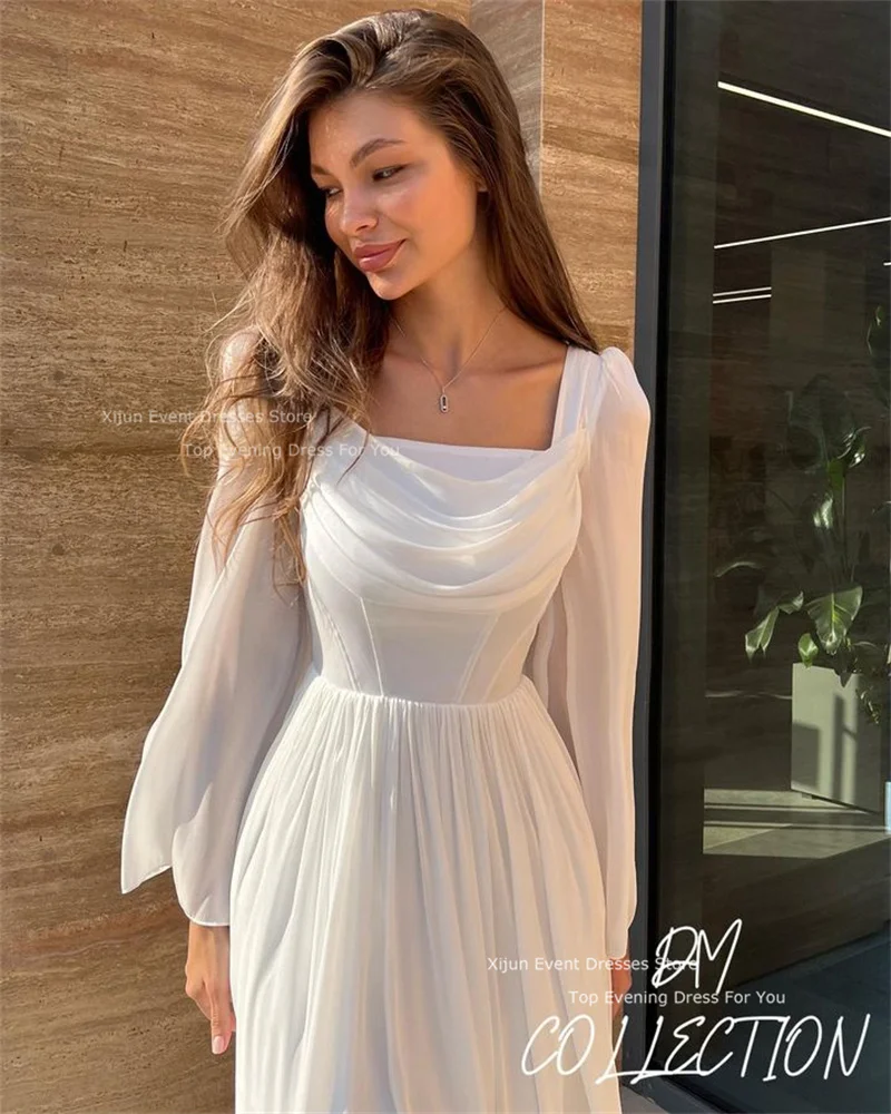 Xijun White Short Prom Dresses Ankle Length Square Collar Evening Dresses A-Line Formal Prom Gowns Full Sleeves 2023 Party Gowns