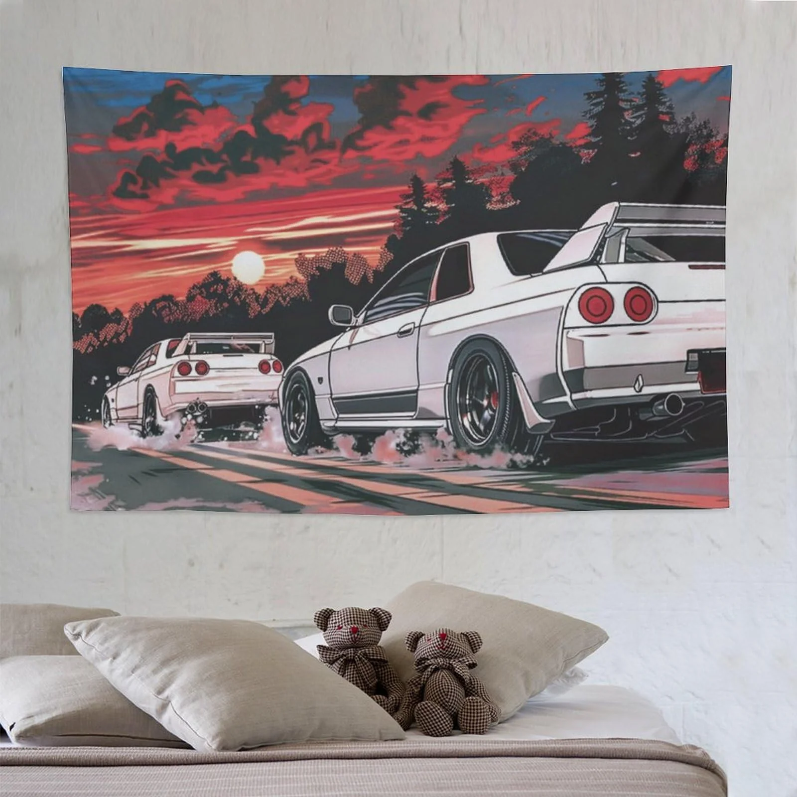 VIKAMA Resurrection Racing Sunset Tapestry, Tapisserie Murale en Tissu pour Chambre, Dortoir, Salle de Jeux, Décoration Intérieure pour Passionnés de Voitures