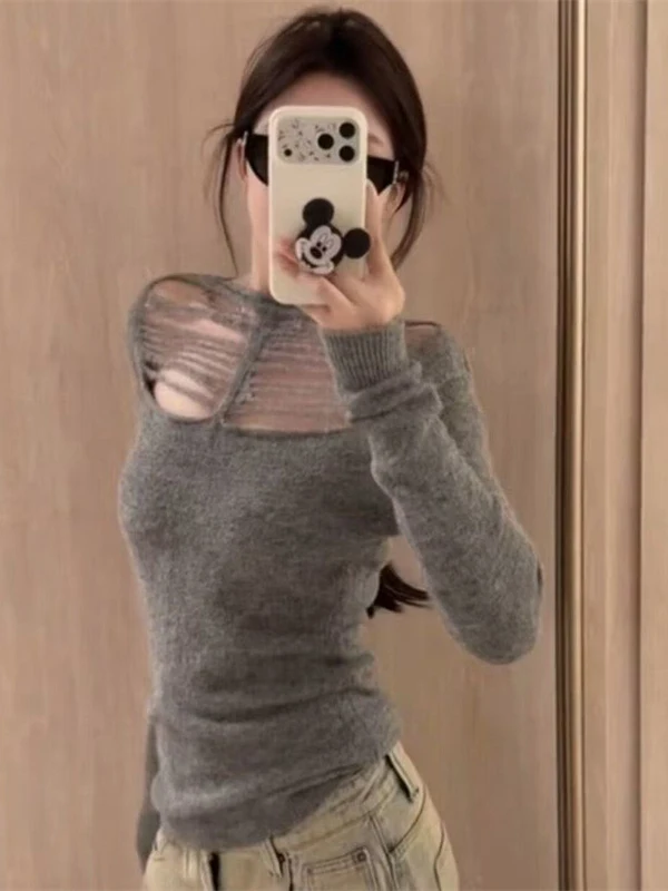

Fashionable Sexy Hollow out Design Pure Color Slim Fit Base Shirt Casual Style Inner Wear Spring New Simple Monochromatic Kni...