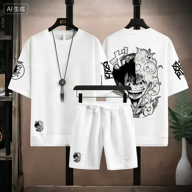 

2026 new Anime One Piece Straw Hat Crew Print 2 Piece Set Summer Oversized Waffle T-shirt & Shorts Casual Streetwear Tracksuit