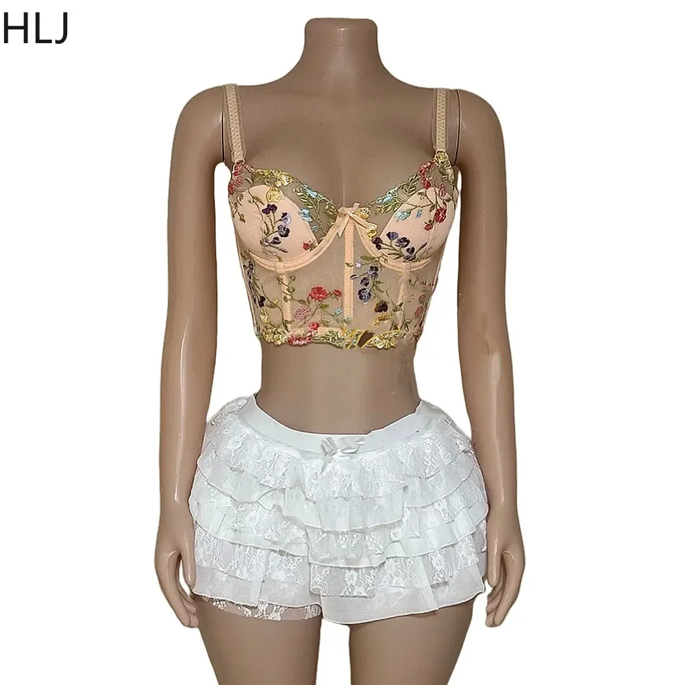 HLJ Y2K Ruched Skirts Two Piece Sets Women Embroidery See Through Corset Crop Top And Skirts Shorts Outfits Fashion Streetwear