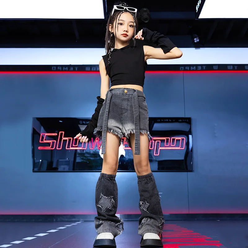

Kid Cool Hip Hop Clothing Hoodie Crop Tank Top Arm Sleeve Raw Hem Denim Shorts Leg Warmers for Girls Jazz Dance Costume Clothes
