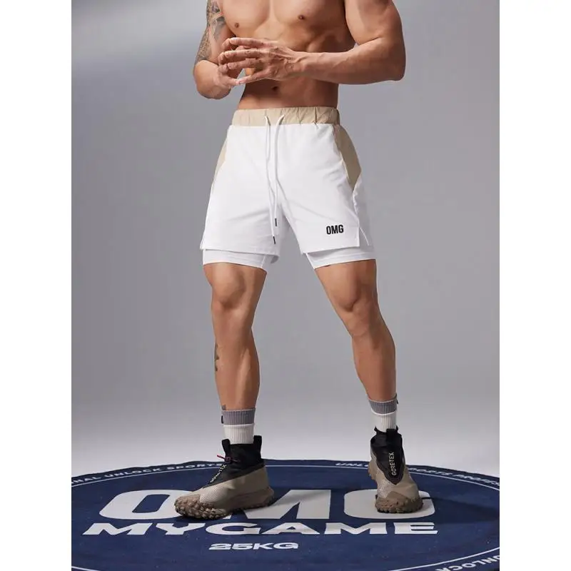 DROZENO Fitness Shorts Men's Lined Fake Two-piece Quad Pants Quick-dry Running Training Tight Shorts