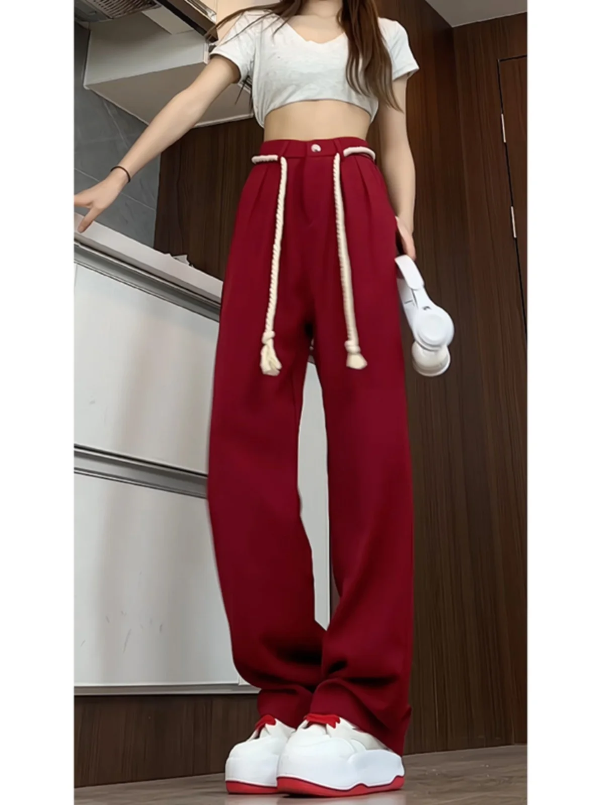 

Мужские удлиненные брюки из ледяного шелка с высокой талией, красные, летние, модные, повседневные, в американском стиле, с охлаждающим эффектом