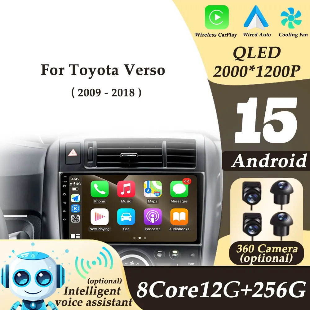

Wireless CarPlay for Toyota Verso 2010-2016 Android15 Car Radio Video Audio Multimedi Player 2K QLED Split Screen WIFI No 2 din