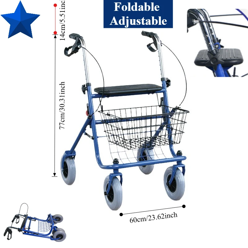 Steel Elderly Shopping Cart Walker Four Wheels with Handbrake Armrest Adjustable Height Hand Push Supermarket Runs