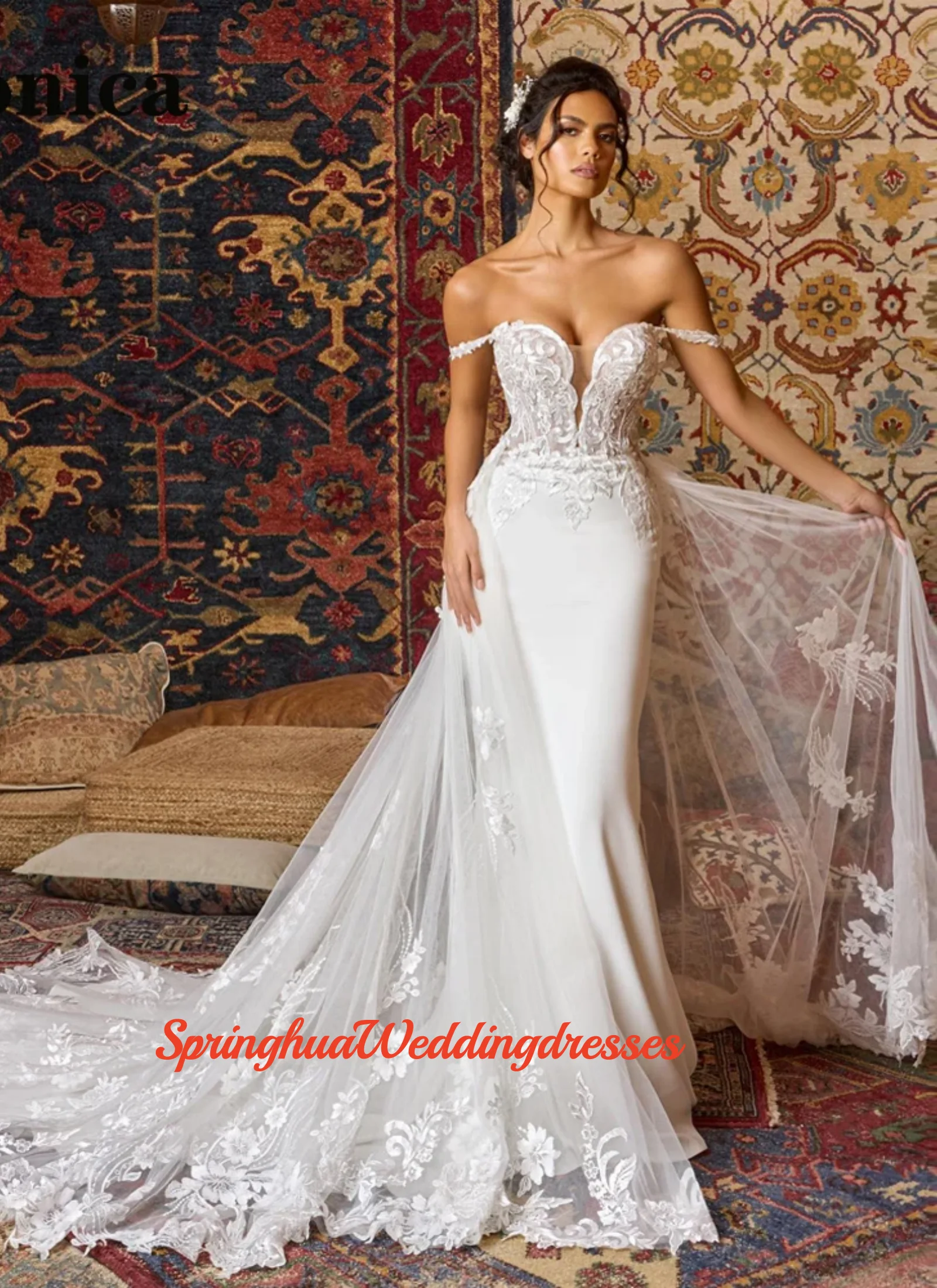 Customized Simple Satin Mermaid Wedding Dress Off Shoulder Decal Sleeveless Bridal Dress Off Back Removable Robe Vestido De Novi