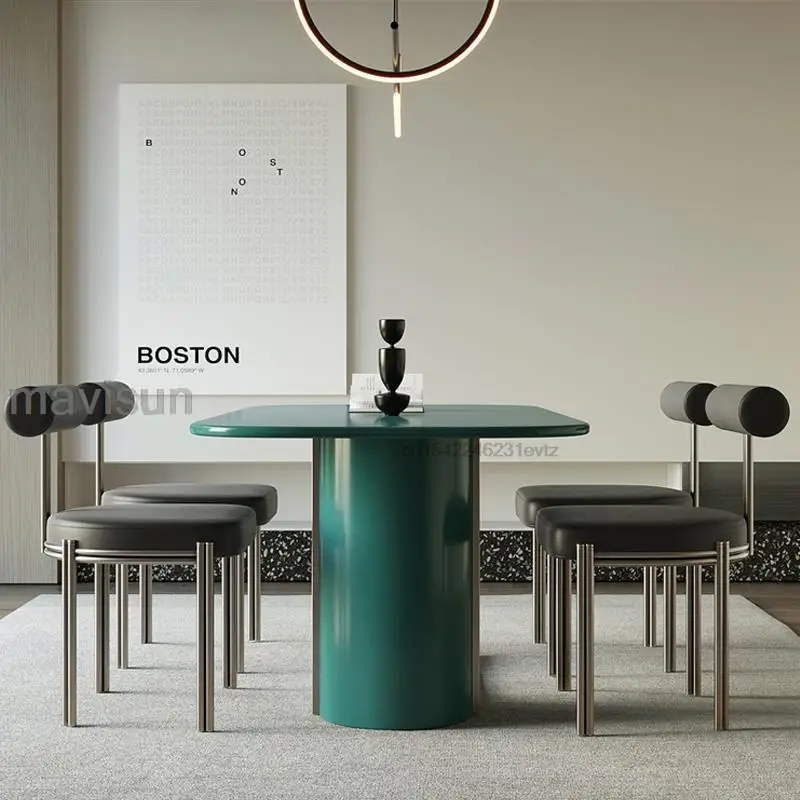 Simple Dining Room Set Grade Density Board And Stainless Steel Combination Table Base Rectangle Table With Baking Lacqer Desktop