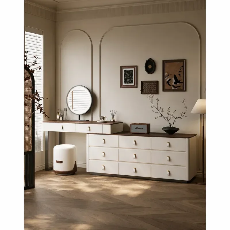 Menglu Medieval Style Dresser with Saddle Leather Walnut Makeup Table Nine Drawer Chest Cabinet Bed End Storage Unit