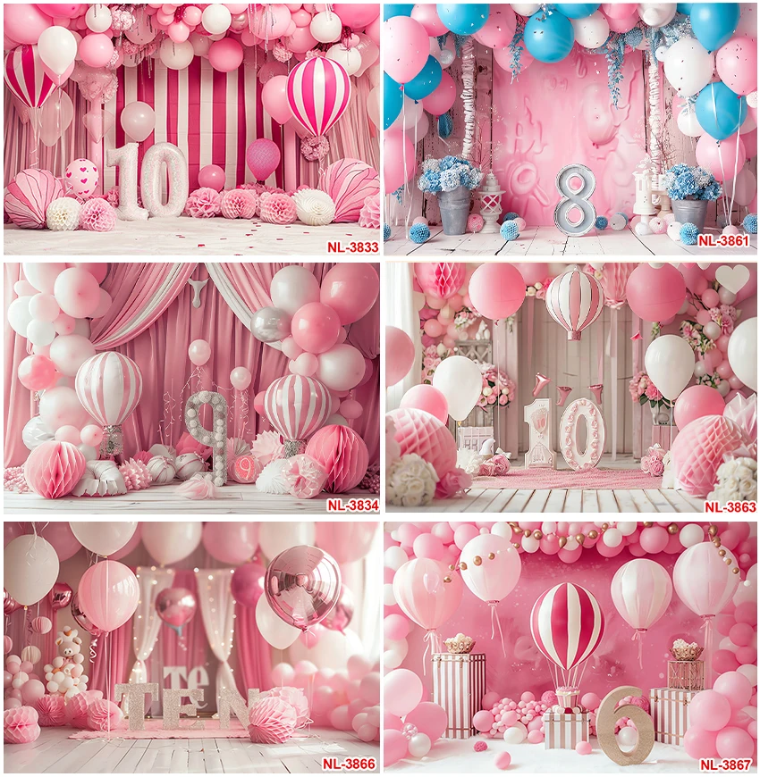 

Pink Birthday Party Cake Smash Glitter 10th 9th 8th Backdrops Photographic Gifts Girls Balloons Backgrounds Studio Photozone