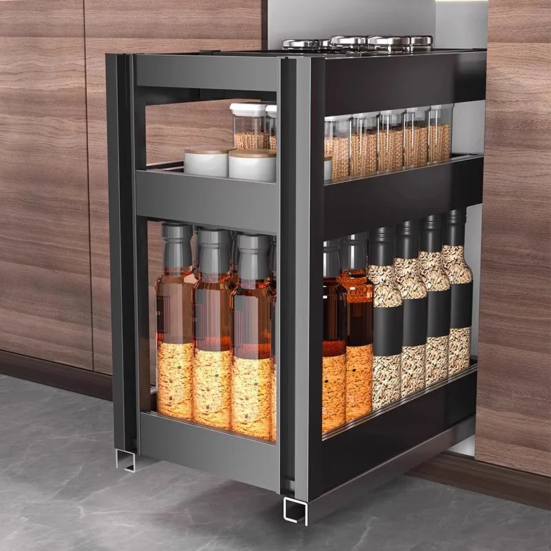 

Kitchen cabinet seasoning basket drawer type aluminum alloy middle pumping seasoning basket rack damping slide rack