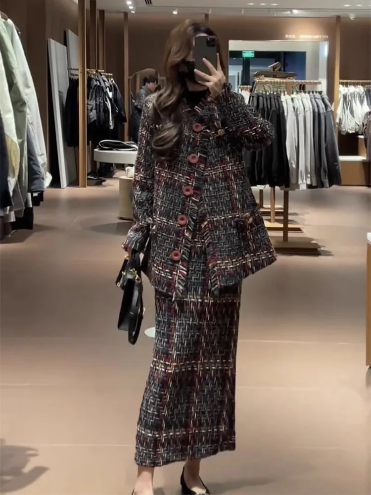 Inverno nova moda feminina high-end temperamento grosso tecer pequena fragrância estilo casaco + meia saia elegante conjunto de duas peças