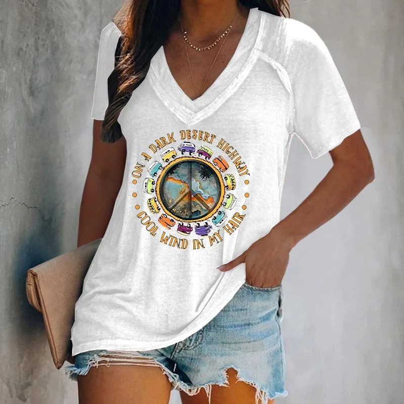 Istile Camisetas con estampado de letras Hippie para mujer, camisetas informales de verano holgadas de manga corta con cuello en V, camisetas blancas, recién llegadas