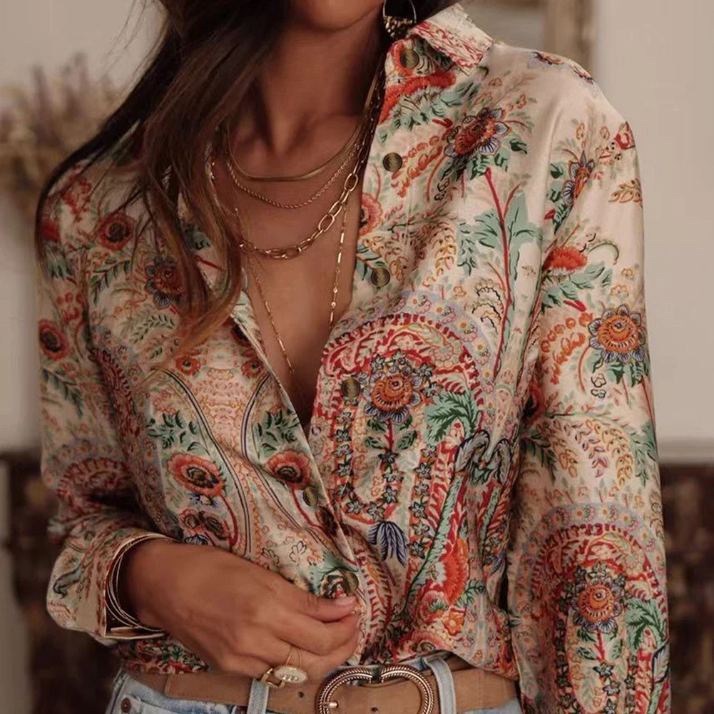 

2025 Autumn Casual Long Sleeve Blouse Printed Collar Shirt For Women For Leisure Vacation Temperament Loose Top Woman Clothes