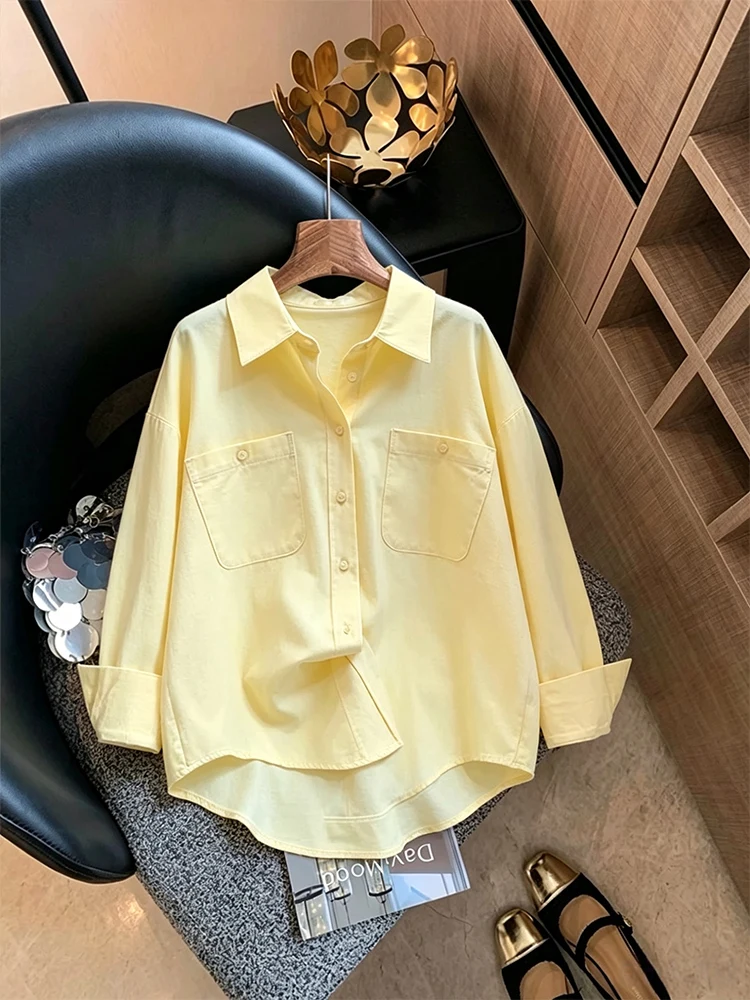 

Casual Style Long Sleeve Yellow Neck Shirt Women Summer Loose Pure Color Sunscreen Shirt Simple Design Ladies Premium Fa...