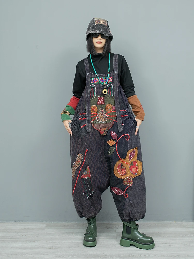 

Embroidered Patchwork Padded Thick Warm High-waisted Overalls Women's Autumn And Winter Streetwear Straight Oversized Jumpsuits