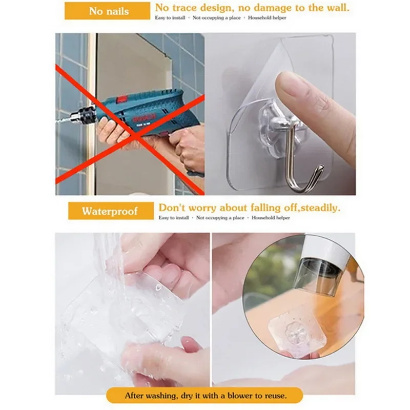 Ganchos transparentes auto-adesivos, gancho de armazenamento chave, gancho de toalha multifuncional, forte, apto para cozinha, banheiro, 10pcs