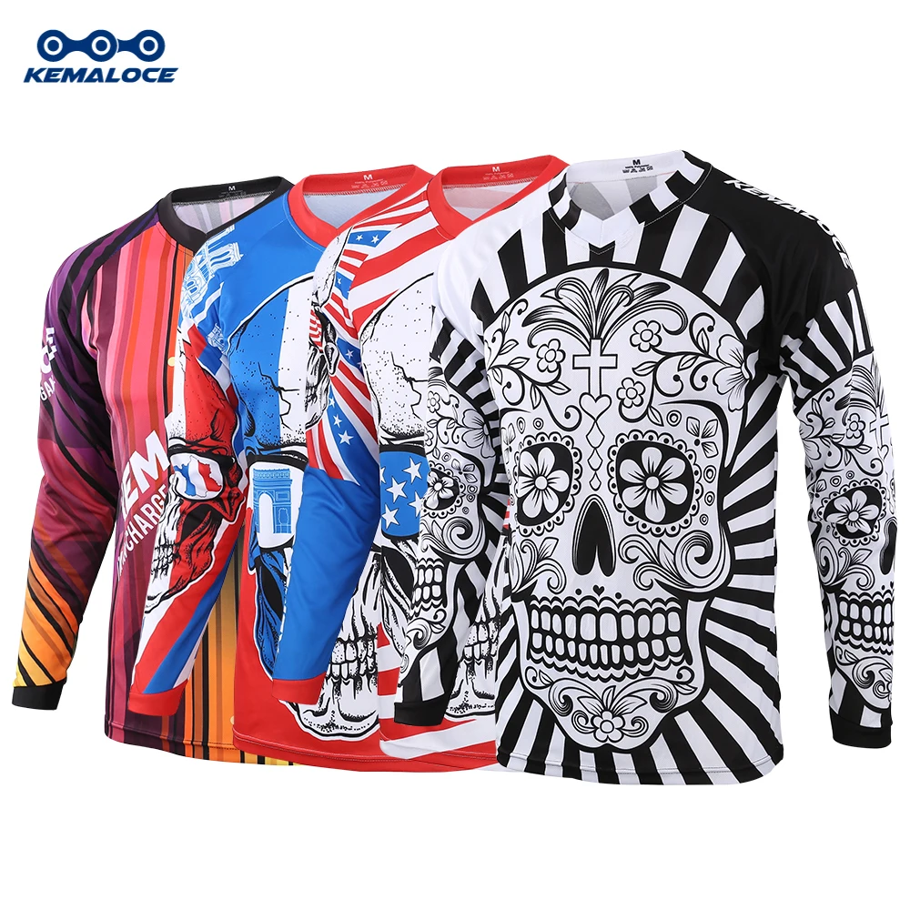 KEMALOCE MTB Jersey Men Long Sleeves White&Black 2024 Motocross Jersey Summer Breathable Adult Skull Offroad DH Downhill Shirts