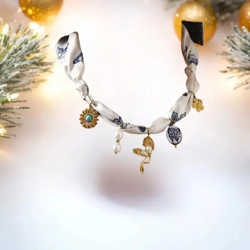 ホリデースタイル マルチチャーム スカーフネックレス ステンレススチール フラワーシェルペンダント デコレーション レディースジュエリー ギフト