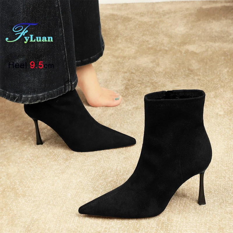 العلامة التجارية الجلد المدبوغ الجوارب 9.5 سنتيمتر خنجر تنوعا أحذية للنساء ربيع الخريف البريدي عالية الكعب الأسود أشار تو أنيقة حذاء من الجلد