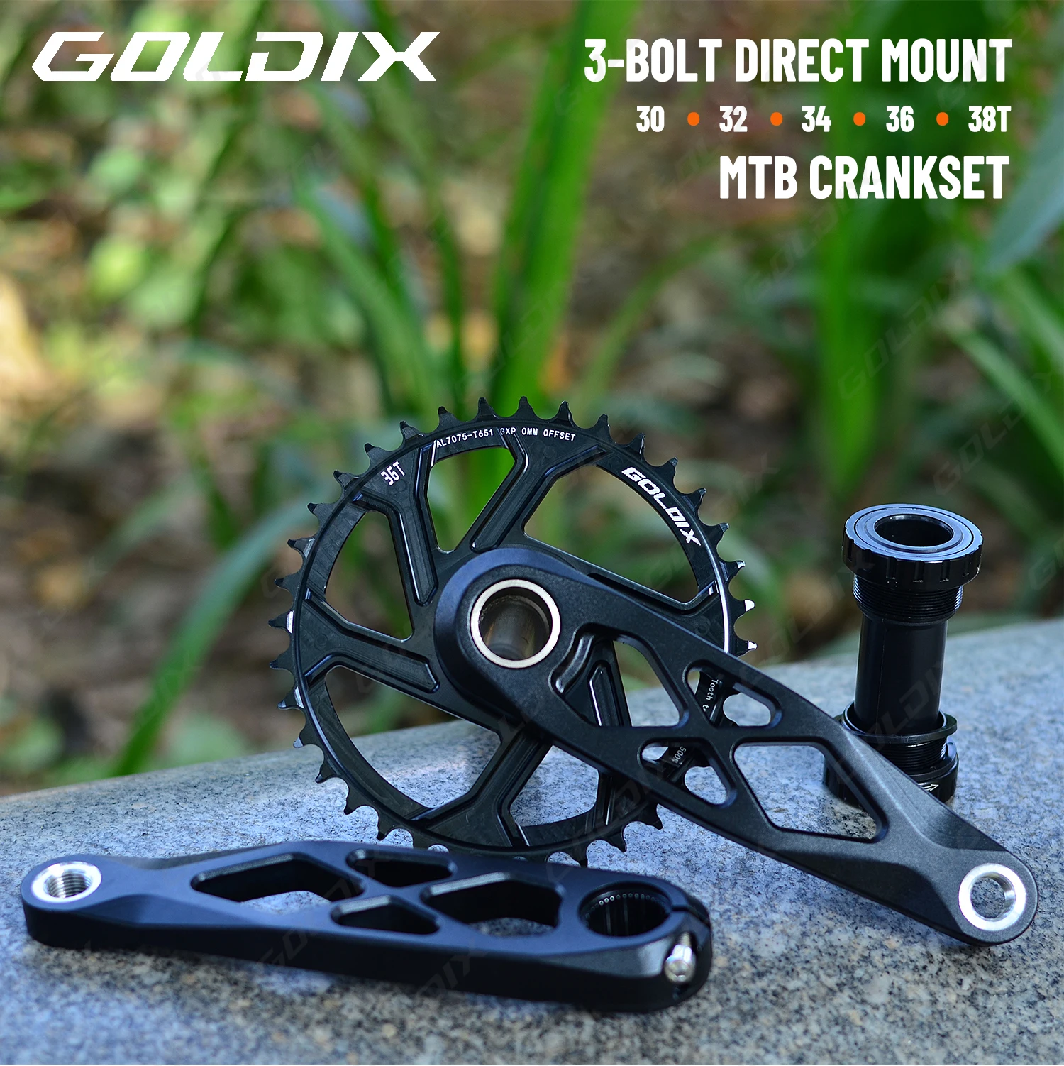 GOLDIX Hochfeste Fahrradkurbelgarnitur 165/170/175mm Geschmiedeter Legierungs-Kurbelarm 3-Bolzen-Direktmontage Schmal-Breit-Kettenblatt für MTB-Fahrrad – Detail 1