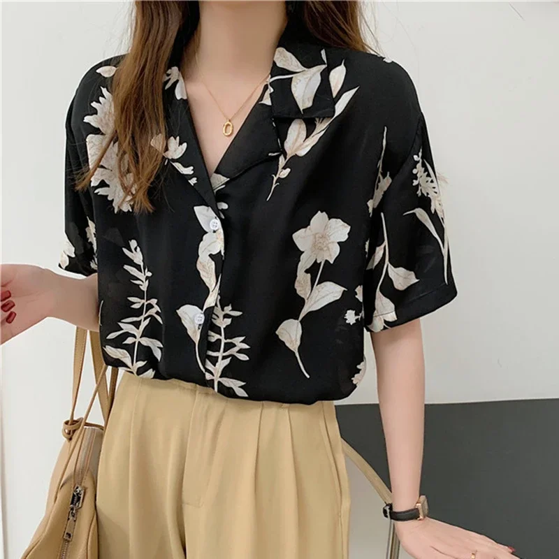 Japan Style Vintage Apricot Flower Shirts Elegant Ladies Notched Button Up Shirt Loose Summer Chiffon Blouses Korean Fashion Tee