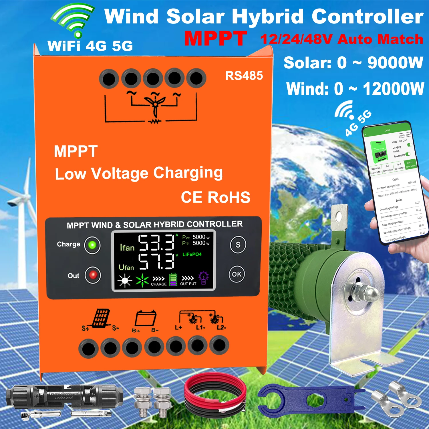 윈드 태양광 하이브리드 컨트롤러 Mppt 와이파이 안드로이드 앱, 윈드 5000W, 6000W, 8000W, 태양광 4000W, 5000W, 6000W, 8000W 레귤레이터, 3000W-9000W