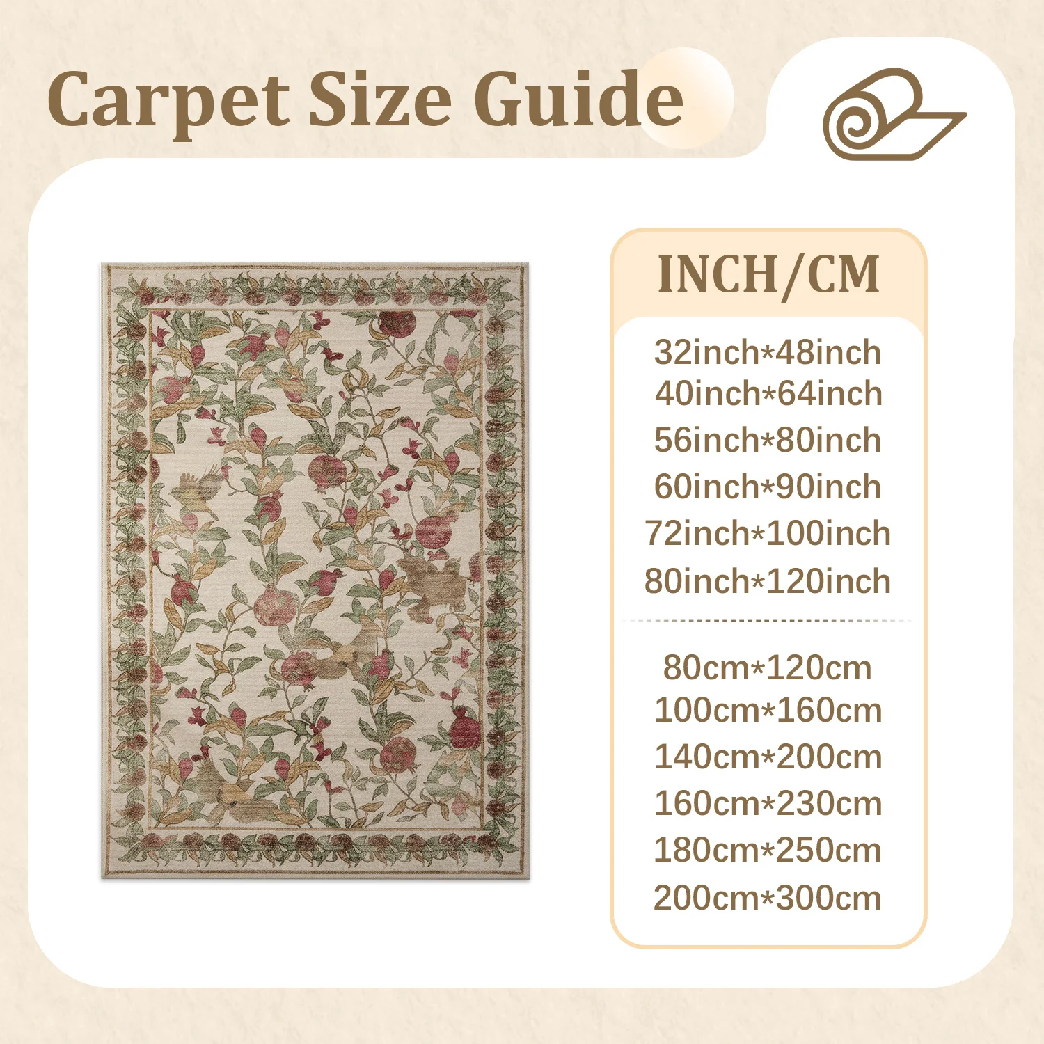 Large Indoor Area Rug, Soft Velvet Low Pile with Non-slip Dotted Backing, Machine Washable Vintage Pomegranate & Bird Pattern Rug for Living Room Bedroom