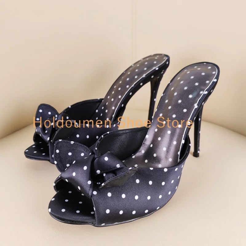 

Black Satin Polka Dot Knotted Peep Toe Stiletto Heel Mule Sandal Women's Elegant Slingback Slip On Novely Designer Brand Slipper