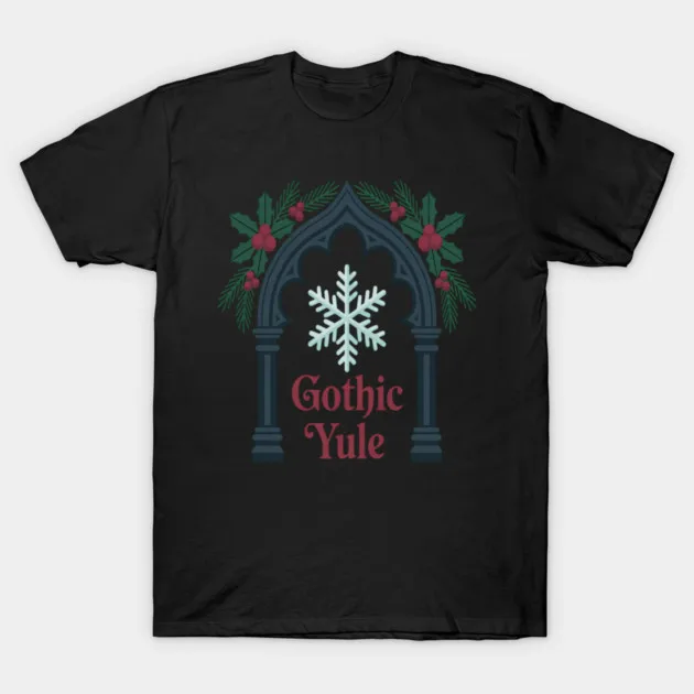 

Men’s Through The Winter Gate Gothic Yule T-Shirt Dark Festive Snowflake Print Gothic Aesthetic Holiday Casual T-Shirt