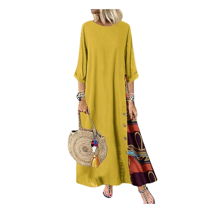 الرجعية الأزهار طباعة جولة Ne زر لصق Sve Dr زائد حجم القطن الكتان تنورة طويلة خمر Sle منتصف الخصر العادية Sl... #5