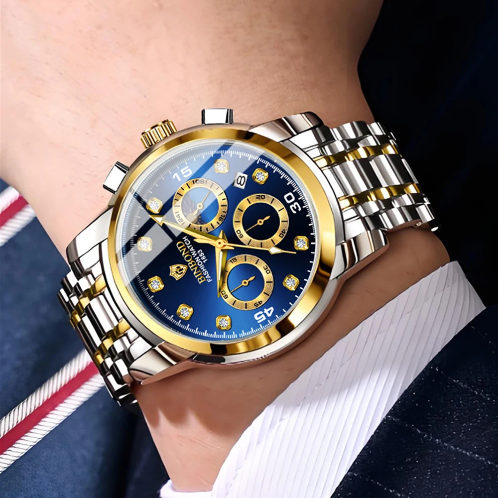 BINBOND Men's Watches Business Fashion Multifunctional Chronograph Moon Phase Date Waterproof Luminous Original Quartz Watch New