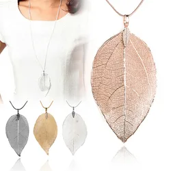 Natural Real Leaf Necklace For Women Wedding Jewelry Evergreen Filigree Unique Chain Long Necklace Pendant Party Gift
