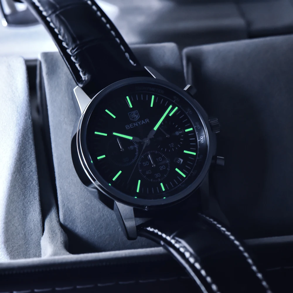 2025 Nuovi orologi da uomo BENYAR Orologi da polso al quarzo di lusso superiore Orologio cronografo sportivo per regali uomo Pelle luminosa impermeabile