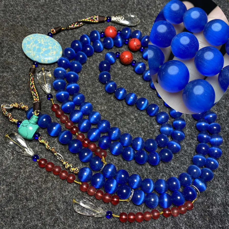 Very Beautiful Blue 14mm Tiger Eye Stone 108 Beads Turquoise Tassel Necklace Beaded Lucky Healing Bless Gift