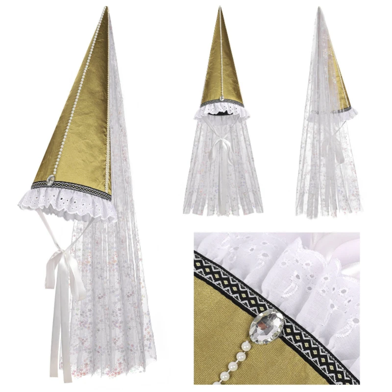 Mittelalterliche Renaissance-Hüte im süßen und frischen Stil für Damen mit Schleier, Joker-Hexen-Halloween-Kostüm, spitze konische Mützen für Damen