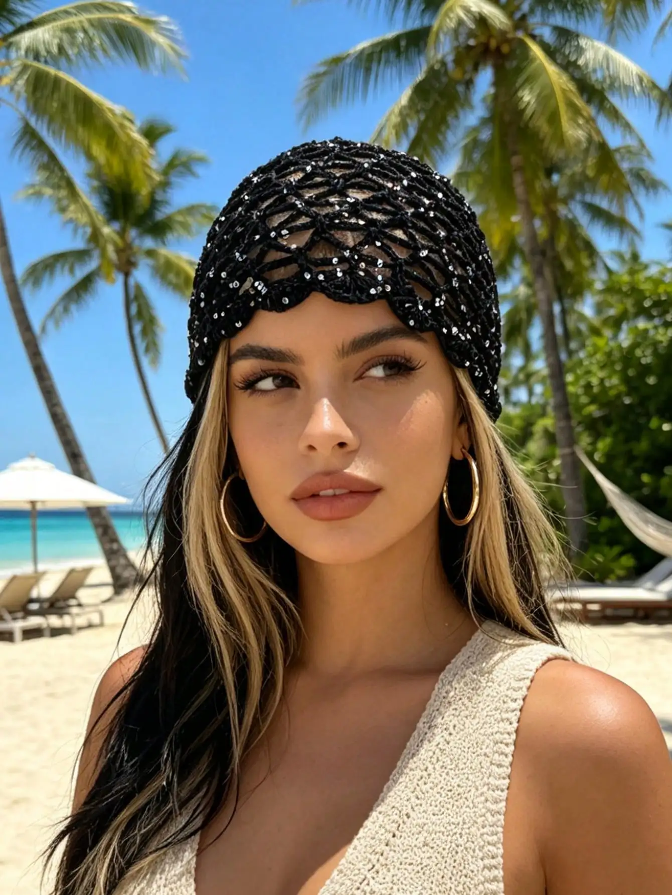 Women's Bohemian Handmade Knitted Hat Sequin Embellished Hollow Out Beanie Suitable For Daily Street, Vacation,
