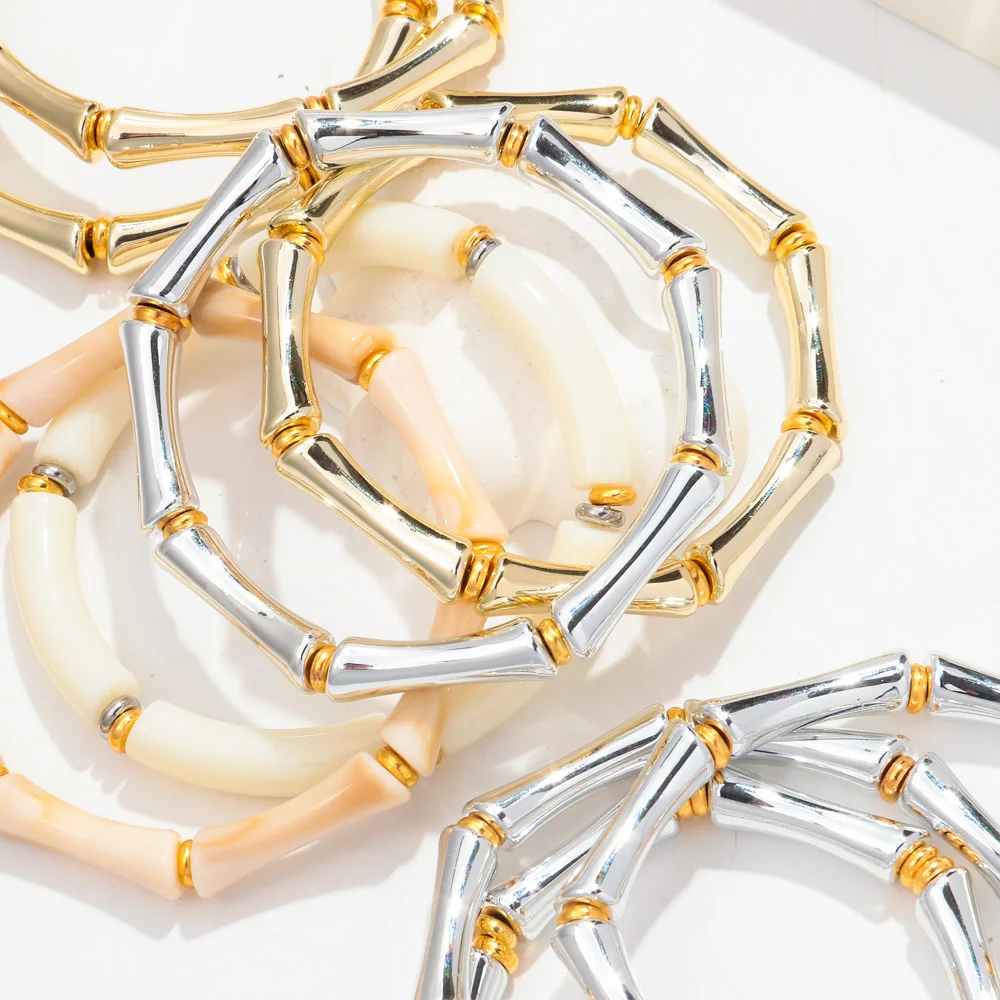 3pcs Gold Color Acrylic Bamboo Elbow Elastic Bracelets for Women Vintage Resin Thin Curved Tube Stackable Bangle Fashion Jewelry